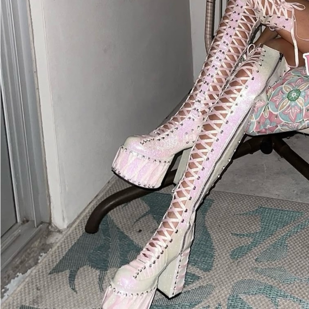 Dolls Kill Pink Over the Knee Lace-Up Boots
